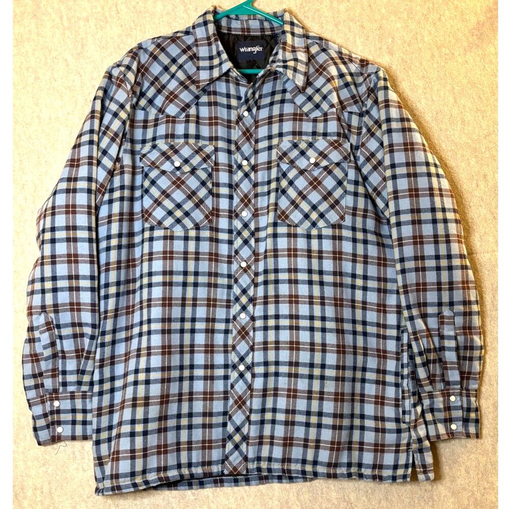 Wrangler Western Flannel Shirt Jacket Men’s XL Plaid Quilted Pearl Snap Shacket